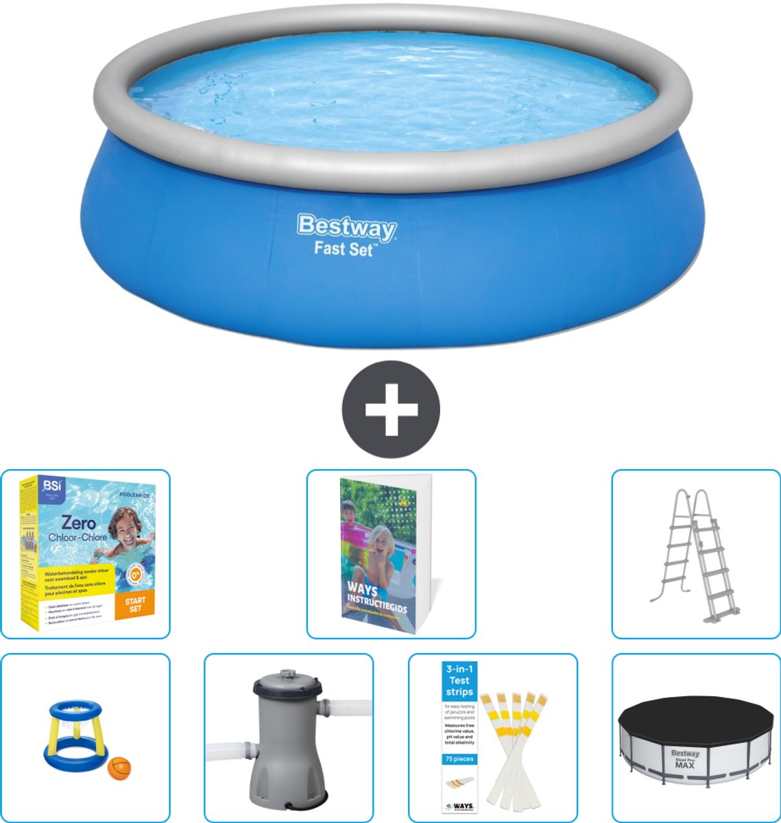 Bestway Rond Opblaasbaar Fast Set Zwembad - 457 x 122 cm - Blauw - Inclusief Pomp - Ladder Afdekzeil - Onderhoudspakket - Speelgoed - 8-delig