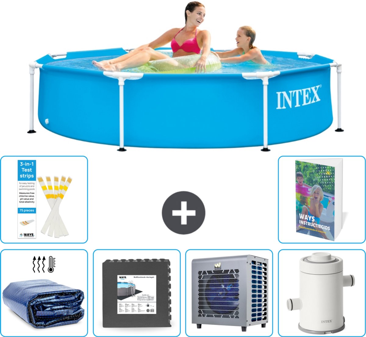 Intex Rond Frame Zwembad - 244 x 51 cm - Blauw - Inclusief Solarzeil - Vloertegels - Warmtepomp - Zwembadfilterpomp - 7-delig