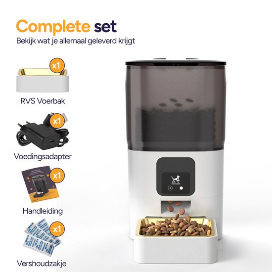 Complete set automatische voerbak 6L: RVS voerbak, voedingsadapter, handleiding, vershoudzakje.