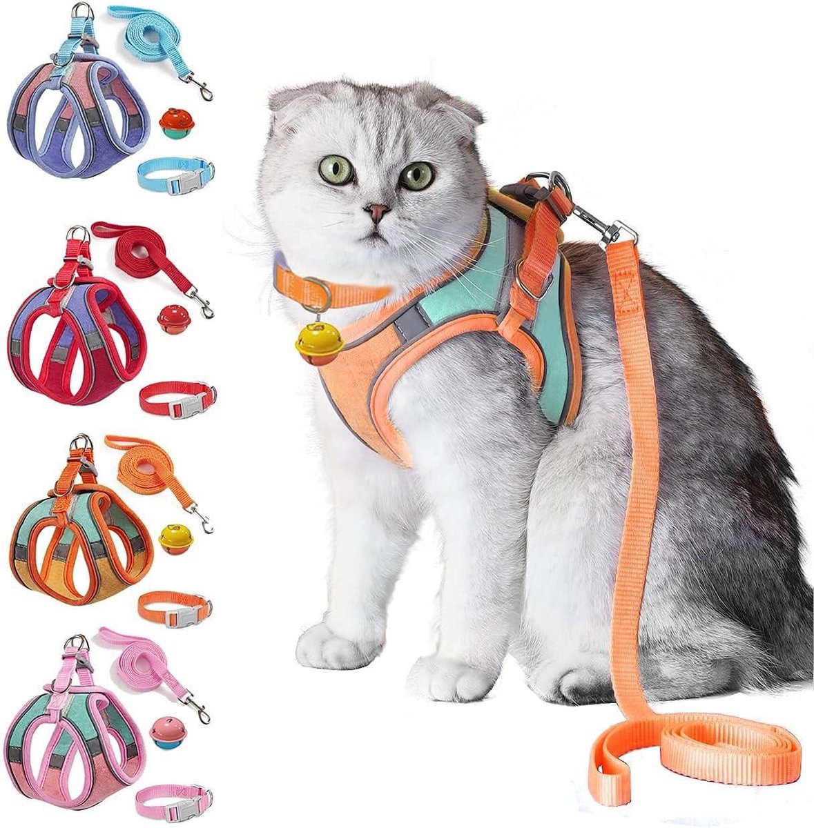 Kattenharnas met Riem - Huisdier Tuigje - Wandelen Buiten - Ontsnappingsbestendig Ontwerp - Verstelbaar Vest - Oranje Blauw