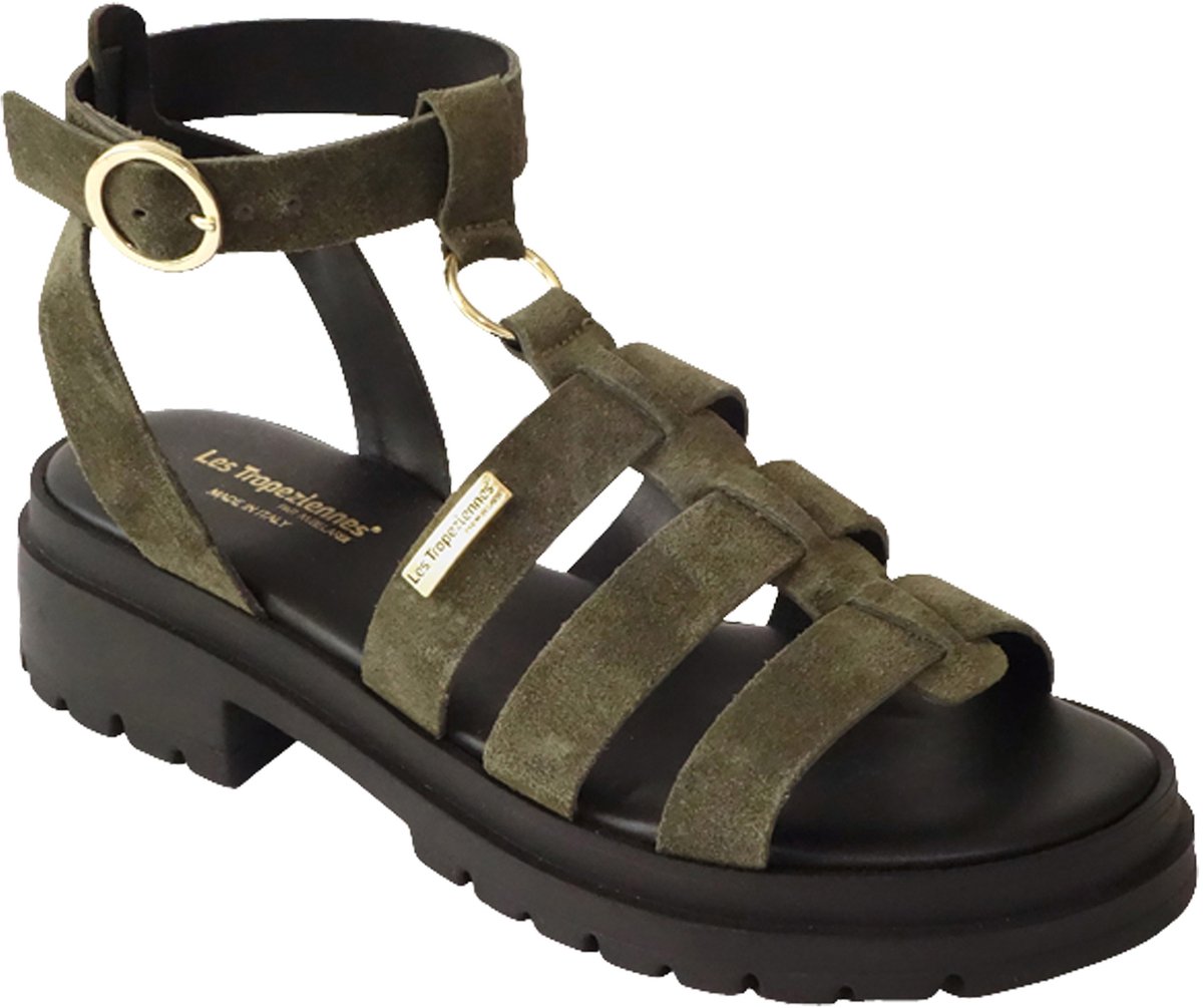 Tobosued platte leren sandalen