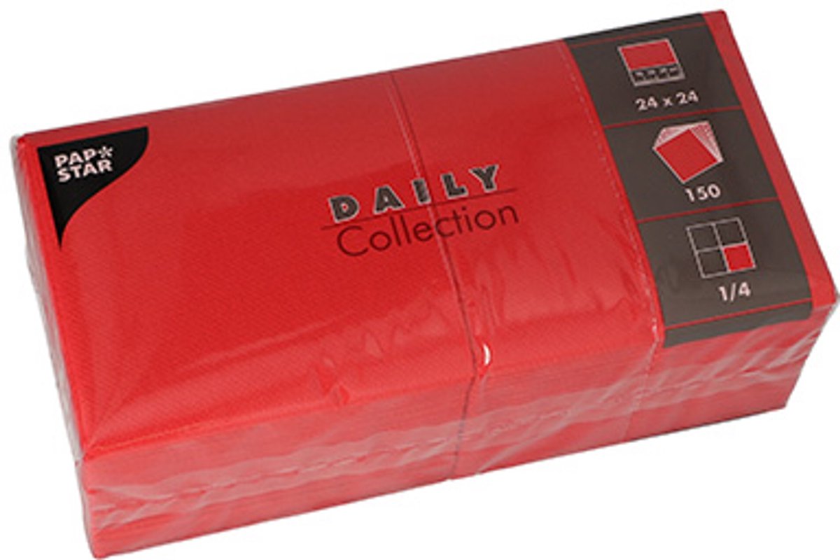 6x 150 Servetten DAILY Collection 1/4 vouw 24 cm x 24 cm rood