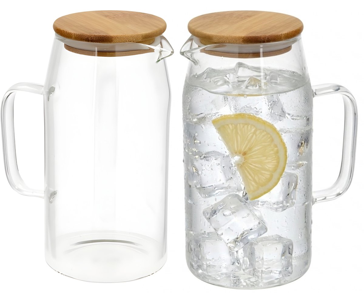 Gerimport Water / sapkan - 2x - met bamboe deksel - 1,4 ltr - glas - schenkkan