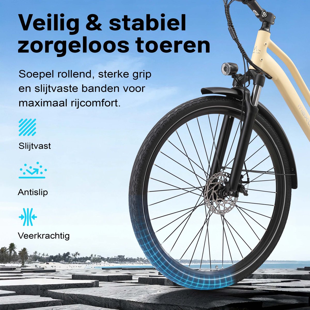 Maxtron Urban7 Elektrische Fiets – 468.8Wh Accu – Actieradius tot 70 km – 27.5×2.0 Inch Banden – Aluminium Verende Voorvork – Shimano RD-M310 Versnellingssysteem – Mechanische Schijfremmen – Stadsfiets – Max. Belastbaar 120 kg – Beige thumbnail 3