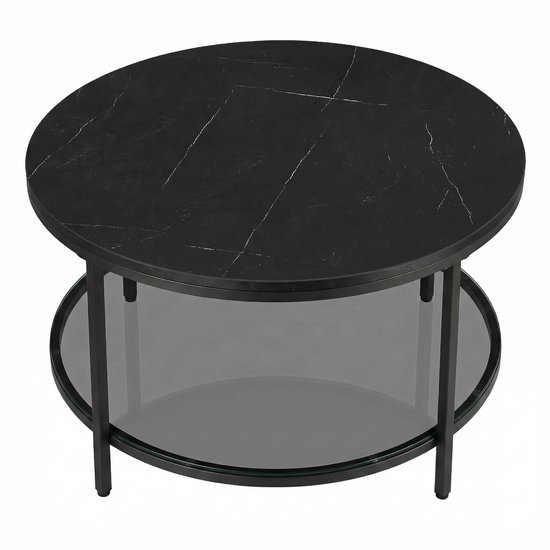Zwarte ronde salontafel met marmerlook blad en glazen onderblad.