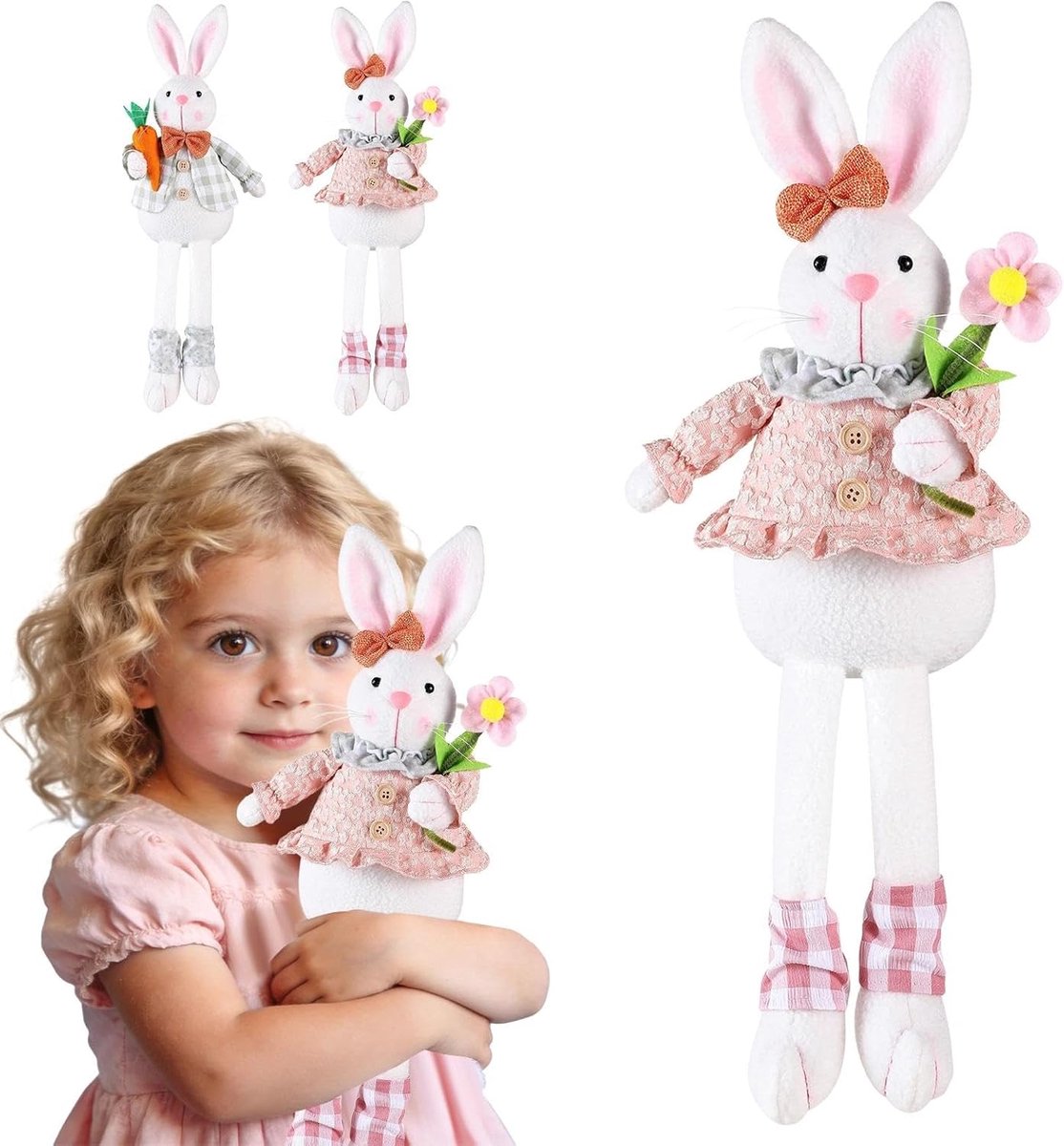 Konijn Pluche Dier - Knuffel Haas - Paasdecoratie - Slappe Oren - 30 cm