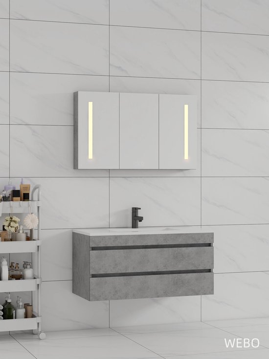 Wastafelmeubel met twee grijze lades en een wit blad, gemonteerd aan de muur. Bovenhangend een spiegelkast met drie deuren en verticale verlichting.