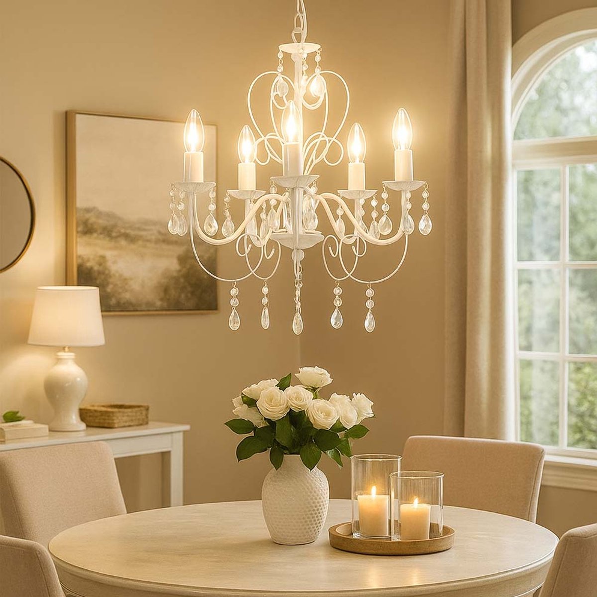 Hanglamp wit kristallen lamp kroonluchter woonkamer licht plafondlamp hanglamp, 5-vlam, 5x E14, DxH 44x129 cm