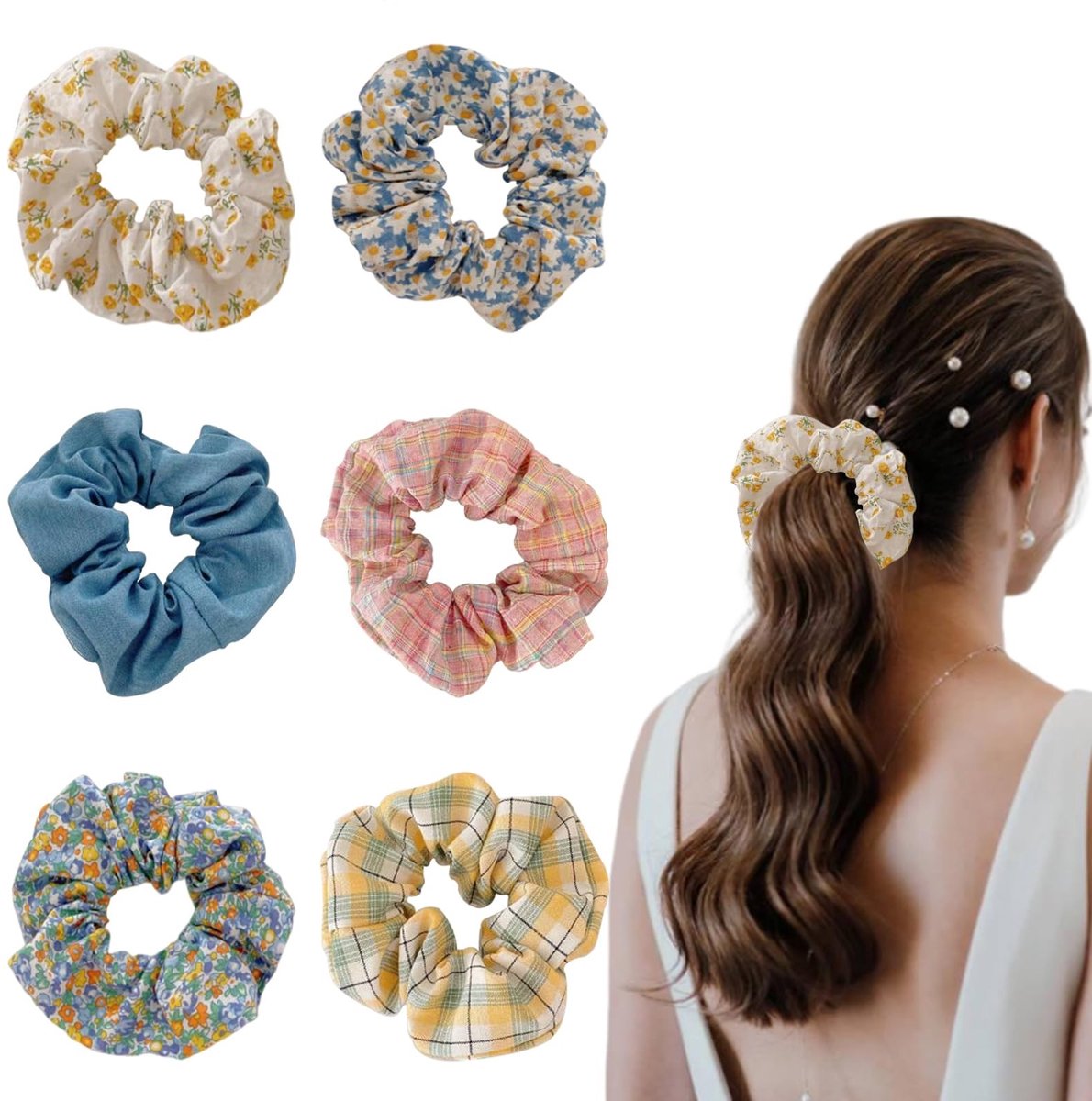 Dailygoods- Haarelastiekjes 6 Stijlen - Elastische Haaraccessoires - Bloemenpatroon - Comfortabele Materialen - Multifunctioneel Ontwerp - Geschikt voor Alle Haartypes - Haarband