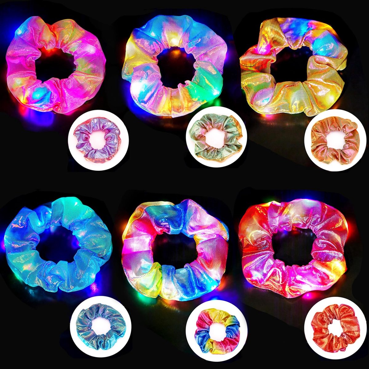 Dailygoods- Haarelastiekjes 6 stuks - Lichtgevende Haaraccessoires - Elastisch - Scrunchie - 3 Lichtmodi - Kleurverloop - Scrunchies