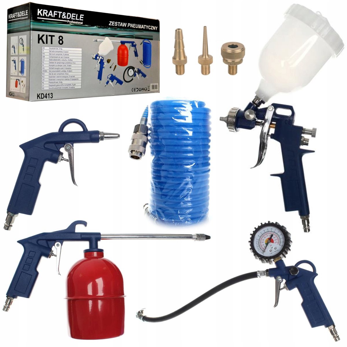 Pneumatische Set 8-delig: Lakspuit, Blaaspistool, Poetsspuit, Bandenpomp
