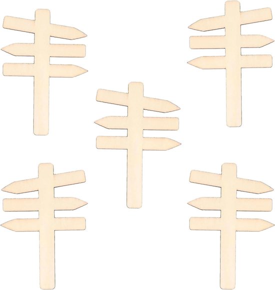 Vijf miniatuur houten wegwijzers.