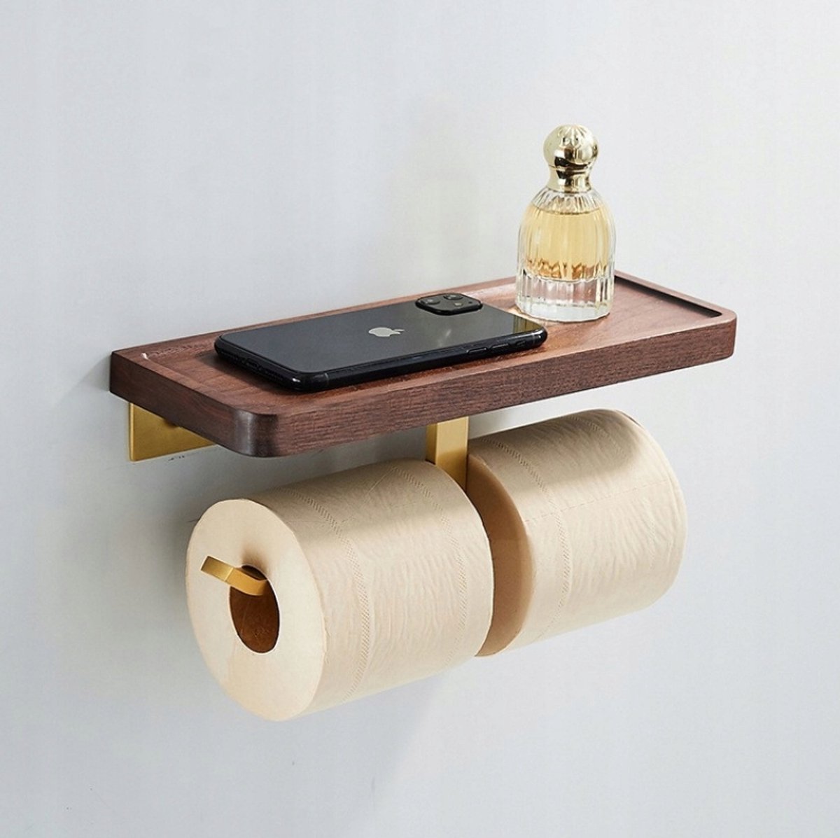 Houten Toiletrolhouder met Plank - Walnootkleur