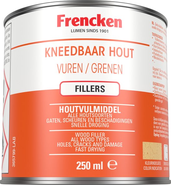 Blik met "Kneedbaar Hout" vulmiddel voor alle houtsoorten, vuren/grenen, 250 ml.