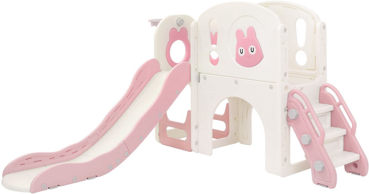 Kinderglijbaan met speeltoren roze en wit 5in1 met basketbalhoepel en klimwand binnen/buiten voor peuters vanaf 3 jaar Joyz