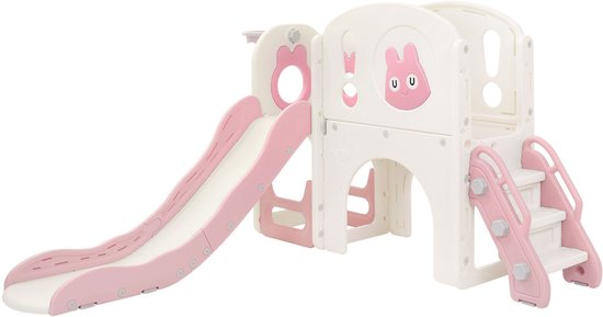 Kinderglijbaan met speeltoren roze en wit 5in1 met basketbalhoepel en klimwand binnen/buiten voor peuters vanaf 3 jaar Joyz