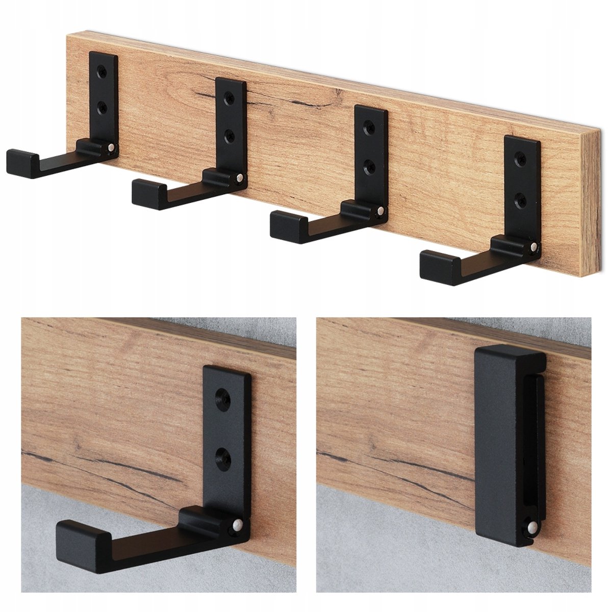 Wandkapstok met 4 klaphaken - Goud Eiken - Loft Stijl