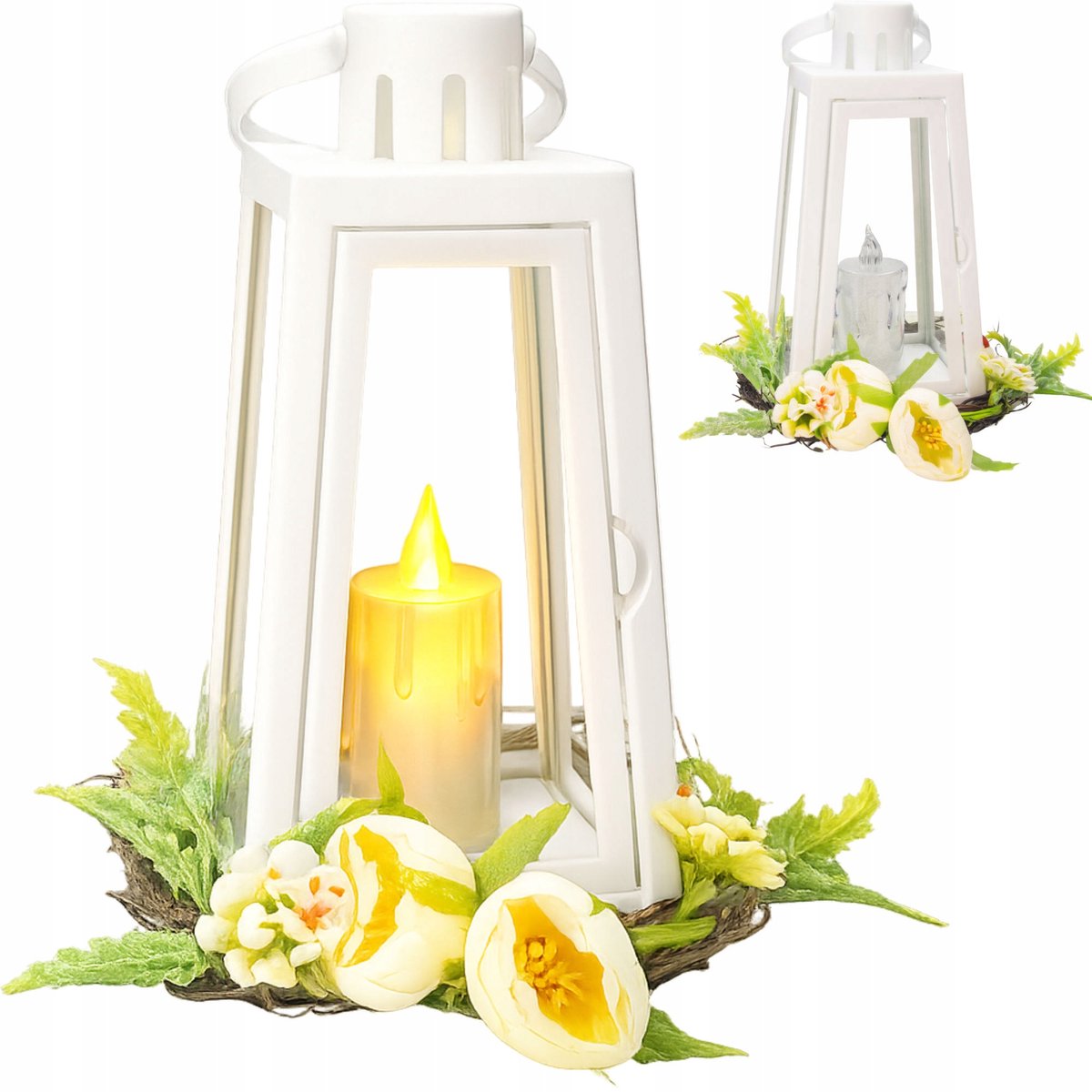 Witte LED Lantaarn Grafdecoratie met Lentebloemkrans