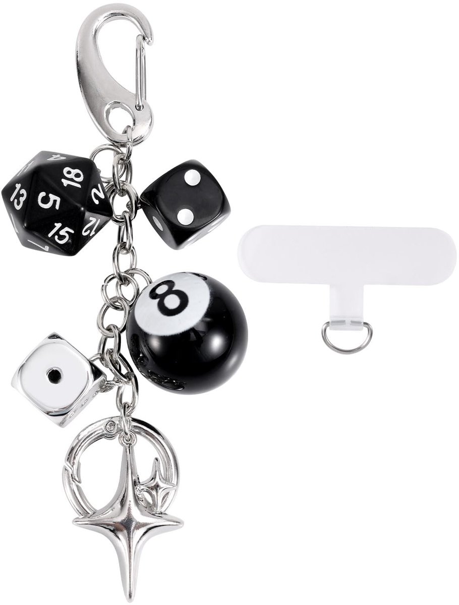 Dailygoods- Dobbelsteen Sleutelhanger 8-Ball - Sleutelhanger met Telefoonlus - Tassenhanger - Decoratie Accessoires - Hars/Metaal/Plastic - Inclusief Telefoonkabellip