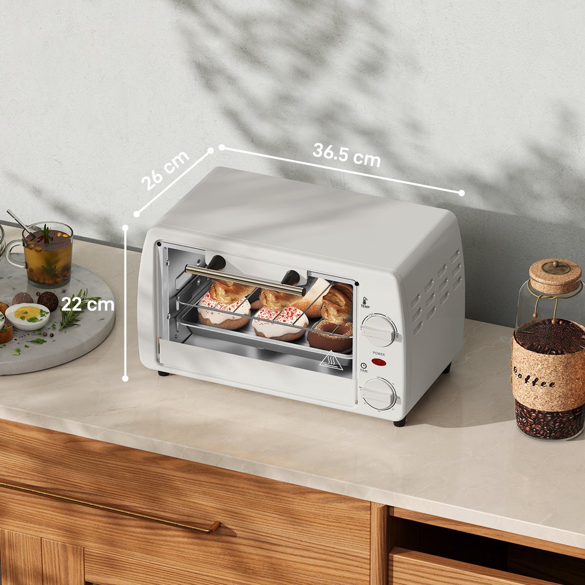 Mini Oven - Kleine Elektrische Oven - Temperatuur tot 230 ℃ - 60 Minuten Timer - 10 Liter 750W - Voor Camping en Keuken - 36,5x26x22 cm - Crèmewit – foto 8