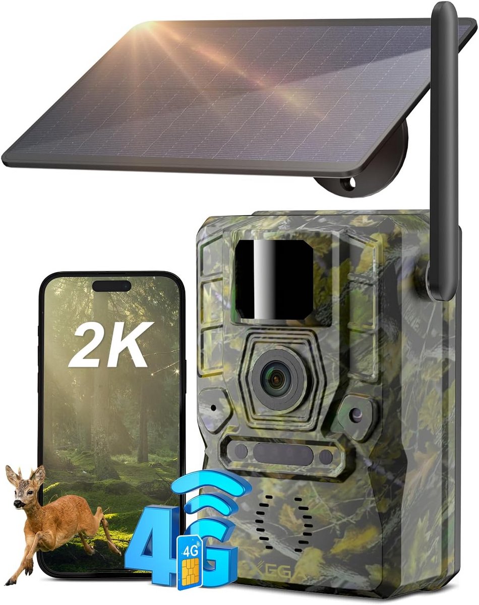 Wildcamera met App - Buiten Camera - Natuur Observatie - 2K Zonne-energie - 7800 mAh Batterij - Camouflage