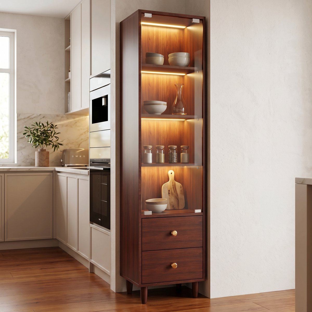MODENUIT Vitrinekast - Met Glazen Deur En Ledverlichting - Voor Woonkamer En Werkkamer - M