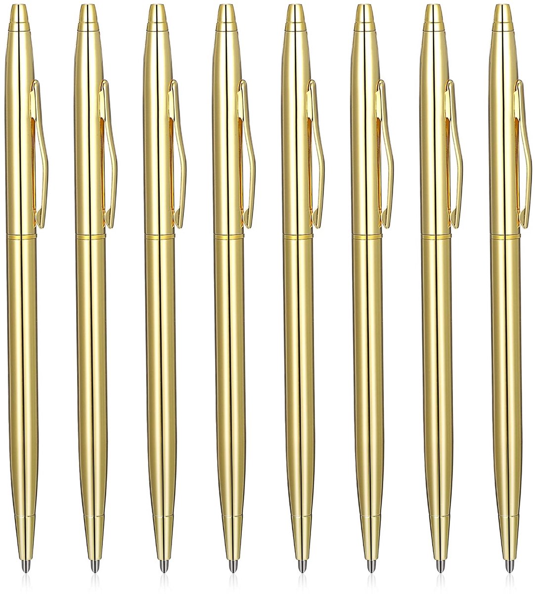 BRENZOOS- Balpennen 8 Stuks - Slanke Metalen Balpennen - 1 mm Medium Punt - Zwarte Inkt - Draagbaar - Gouden Afwerking - Pennen