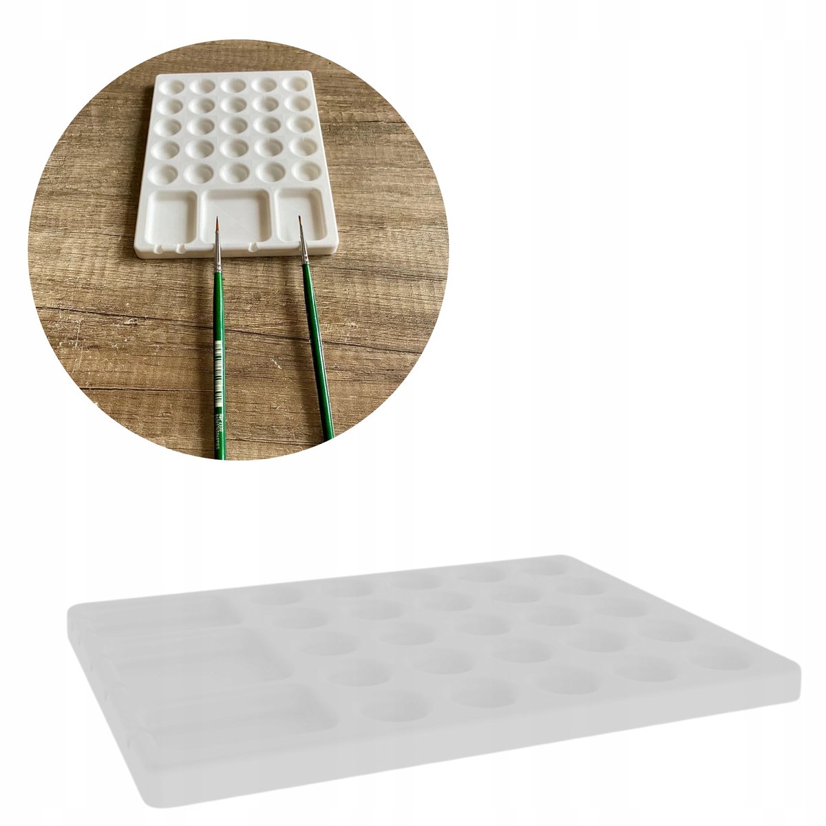 Palet met doosjes en penseelhouders voor aquarellen