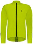 Voorkant van een neongele fietsjas met een zwarte rits en een klein zwart logo op de borst. De jas heeft lange mouwen met zwarte reflecterende details op de onderarmen.