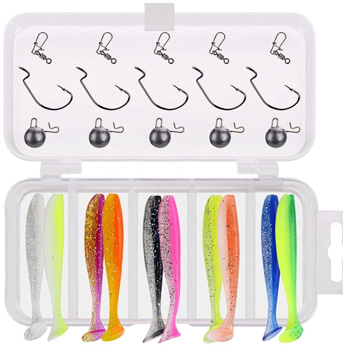 Dailygoods- Aas set inclusief zacht kunstaas - Wormhaken - Visgewichten - Draaibare drukknopen - Visaccessoires - Geschikt voor zoet/zout water - Vislokaas