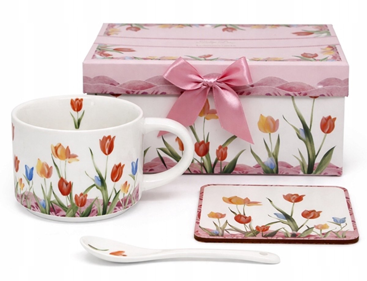 Porseleinen mok met tulp, 280ml, incl. lepel en schotel