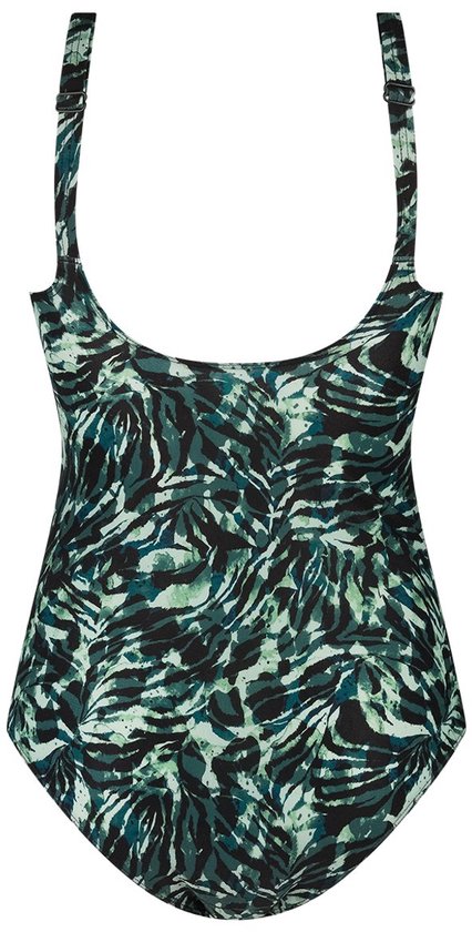 Achterkant dames badpak met tropische print in groen en zwart en verstelbare bandjes.