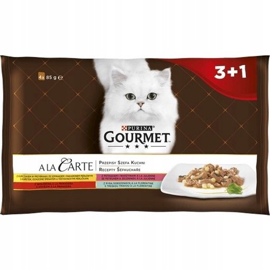 Purina Gourmet Ala Carte verpakking 4x85g met witte kat, 3+1 aanbieding en gerechten.