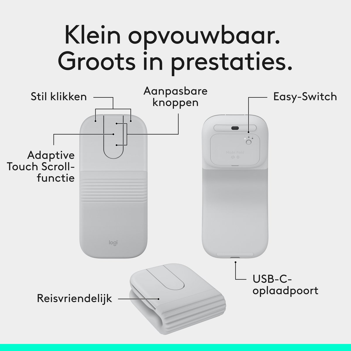 Logitech Mobi Fold - Ovouwbare Muis - 4K DPI - Wit thumbnail 2