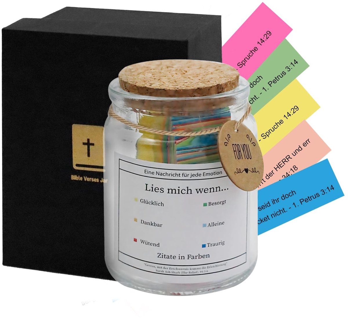 Dailygoods- Bijbelglas met gekleurde Bijbelverzen - Inspirerend cadeau - Duurzaam glas - Bijbelstudie hulpmiddel - Herbruikbare pot - Zwarte geschenkverpakking - Gebedspot