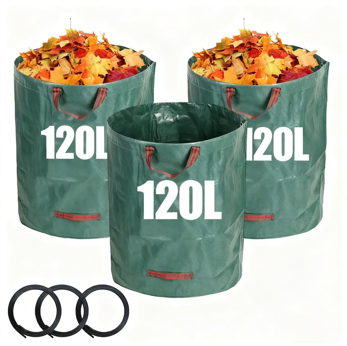 VLEMICO- Tuinafvalzakken 120 liter - 3 stuks - Flexibel/Duurzaam - Handgrepen - Kleurvast - PP-materiaal - Ideaal voor bladeren/vuil - Afvalzakken