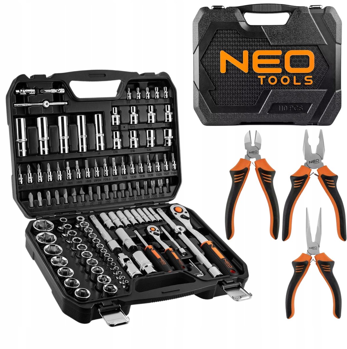 NEO TOOLS 110-delige doppenset 1/4" & 1/2" met tangenset