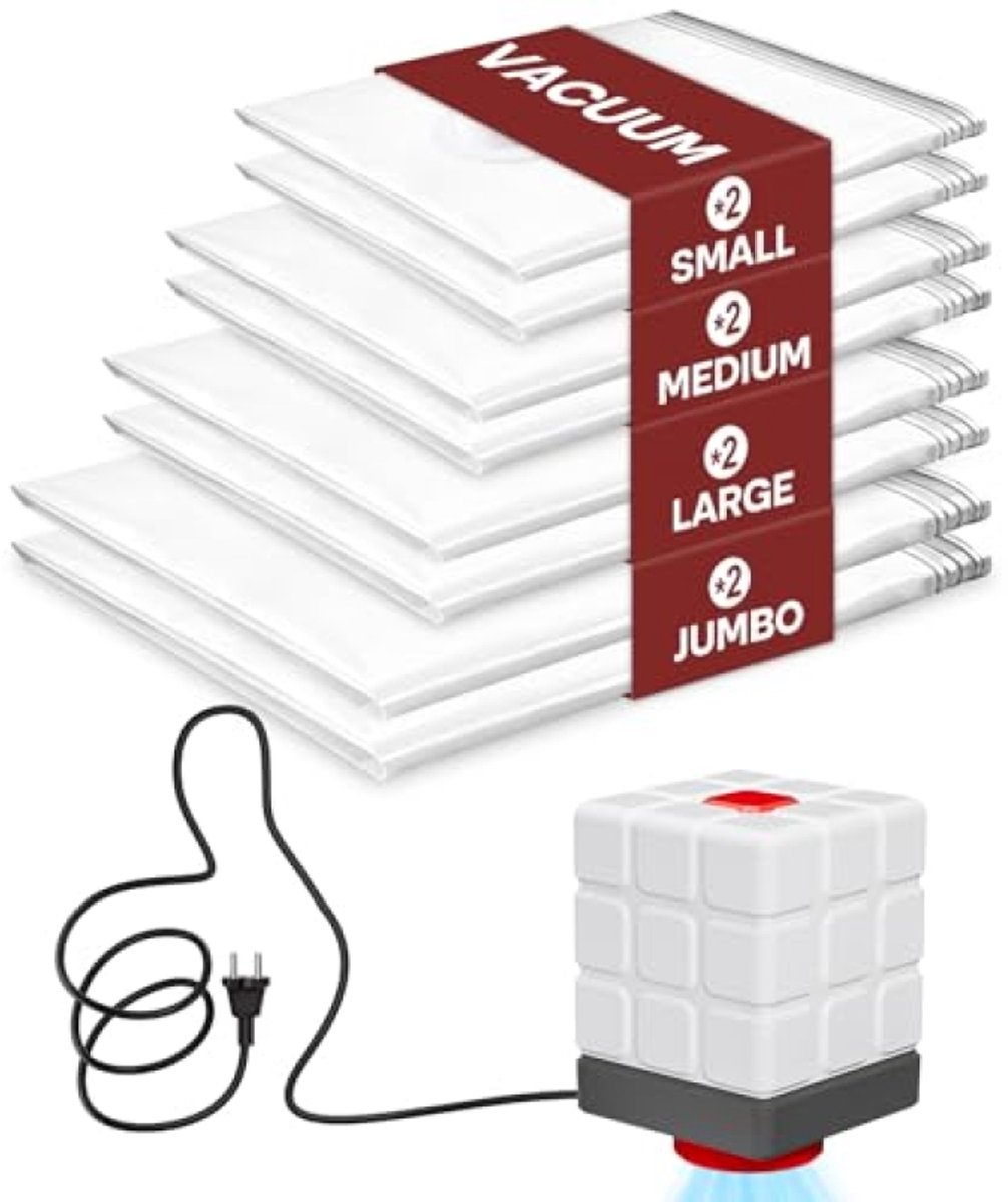 PromoHome Stofzuigerzakken voor kleding met elektrische luchtpomp, 8 stuks (2 klein/2 medium/2 groot/2 Jumbo), herbruikbare vacuümzakken voor dekbedden, matrassen, dekens en kussens
