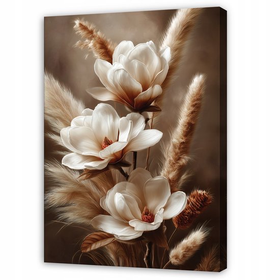 Drie witte magnoliabloesems met pluizige, bruine grassprieten op een bruine achtergrond.