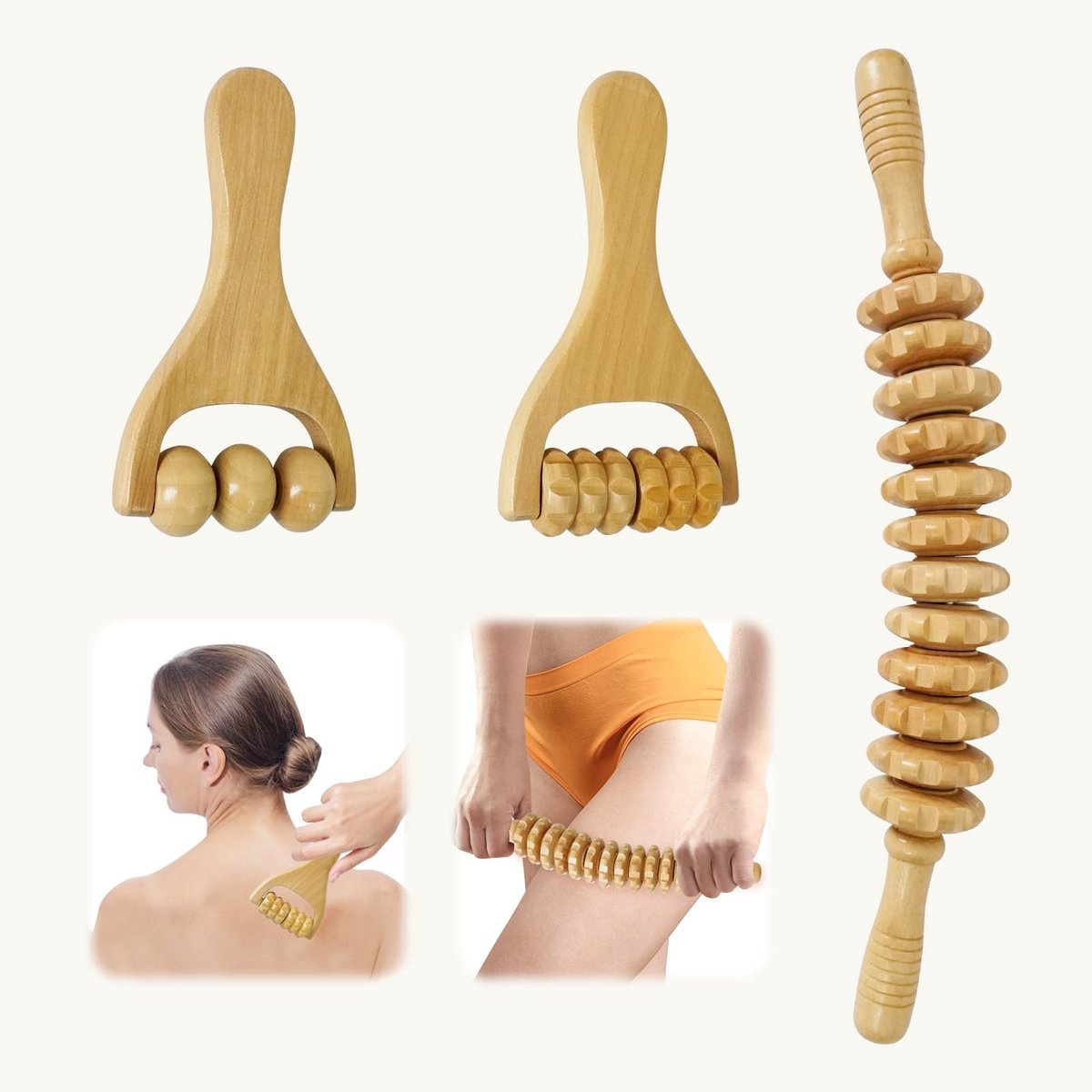 NTHProducts - Massage Roller - Houten Rollers - Voor Lymfedrainage - Kleur: Hout - Spierontspanning - Verbeter Bloedcirculatie - Geschikt voor Sporters