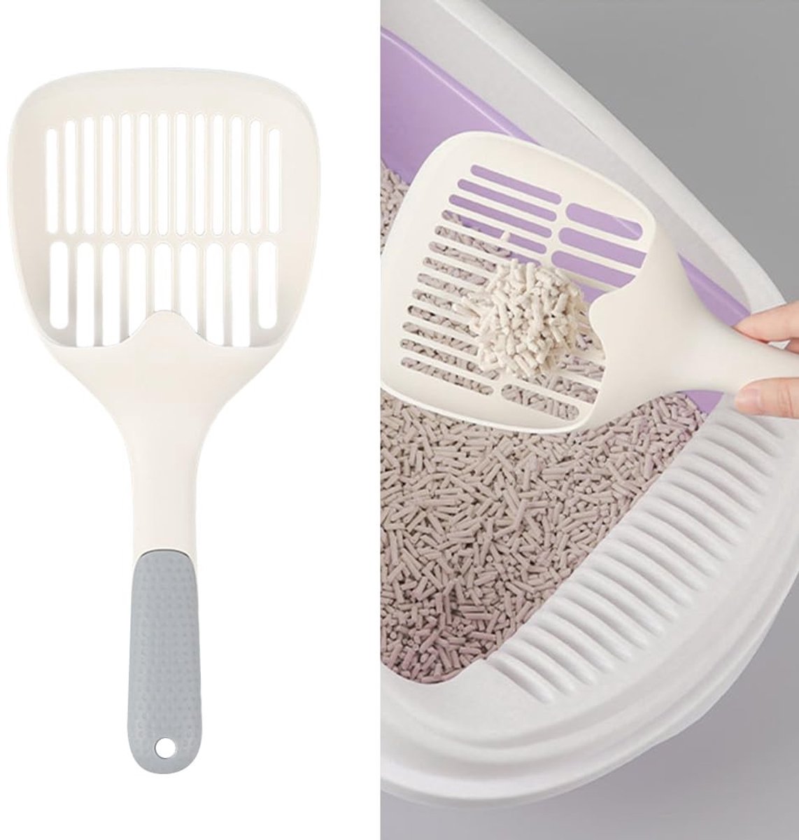NTHProducts - Kattenbak Schep - Plastic Schep met Ergonomische Handgreep - Grijs en Wit - Duurzaam en Makkelijk Schoon te Maken - Geschikt voor Alle Ka...