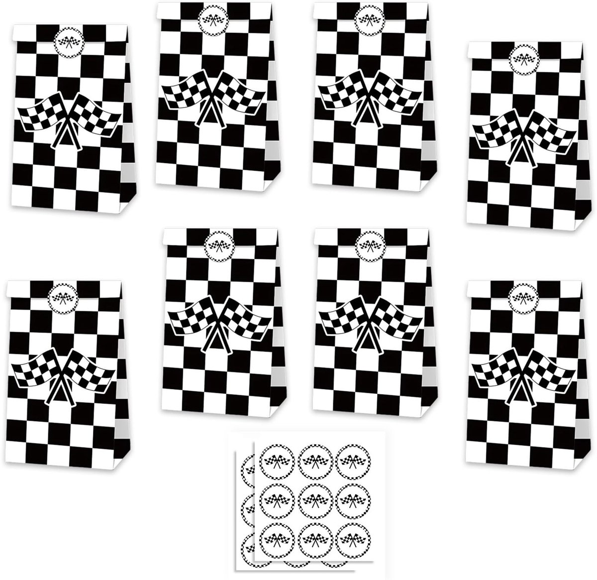 NTHProducts - Racing Paper Goodie Bags - Feestartikelen - 12 stuks - Zwart Wit - Cadeautassen - Verjaardagsfeest - Kinderen