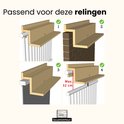 Illustraties tonen vier manieren waarop de tafel aan verschillende balkonrelingen kan worden bevestigd.
