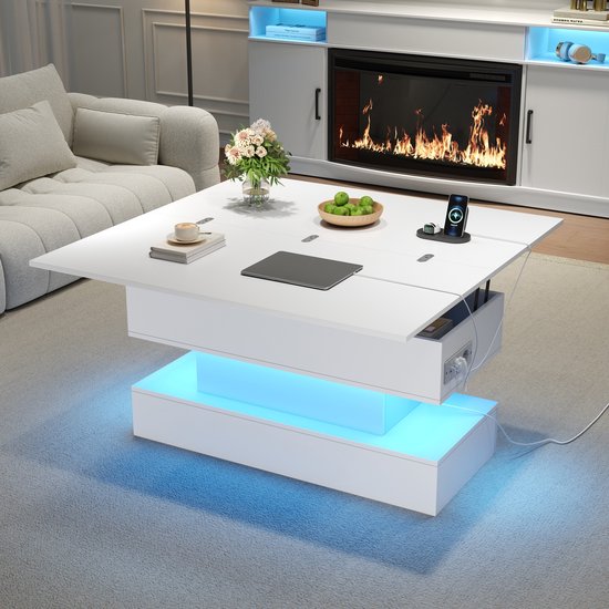 Table basse FloraGrace - Relevable avec LED et USB - Rangement pour salon - Panneaux de particules - 100x50x51,5 cm - Blanc