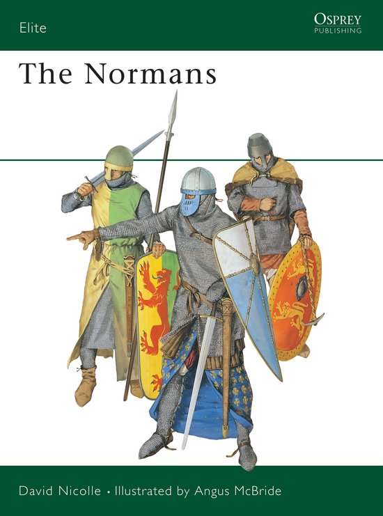 Drie illustraties van Normaanse ridders in maliënkolder, helmen en met schilden. Centraal een ridder in blauw met lelieornamenten.