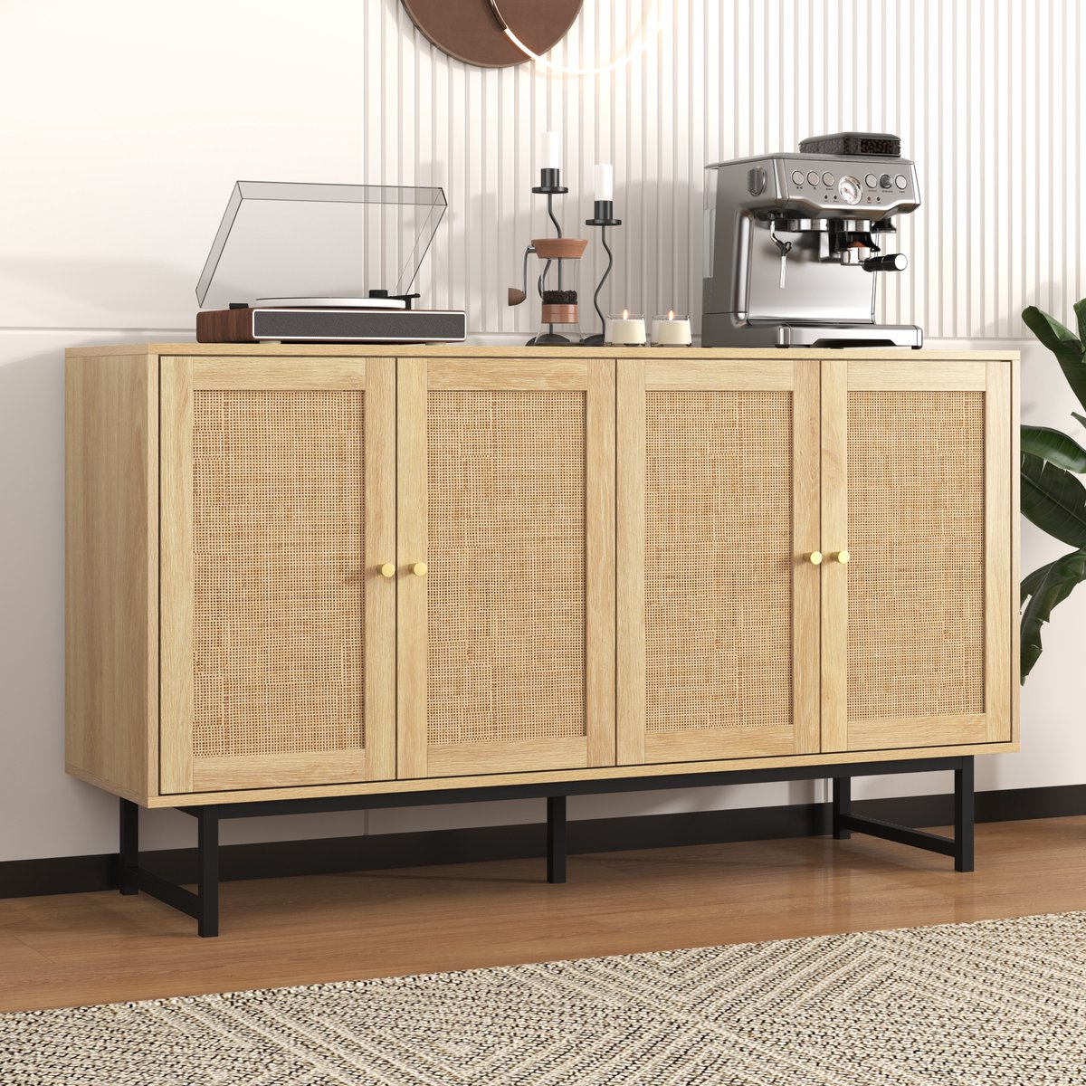 MIVRAY Dressoir - Houtlook Met Echt Rattan En 4 Deuren - Veel Opbergruimte Voor Woonkamer Eetkamer En Hal - Spaanplaat - 140x39,5x80 Cm Houtkleur