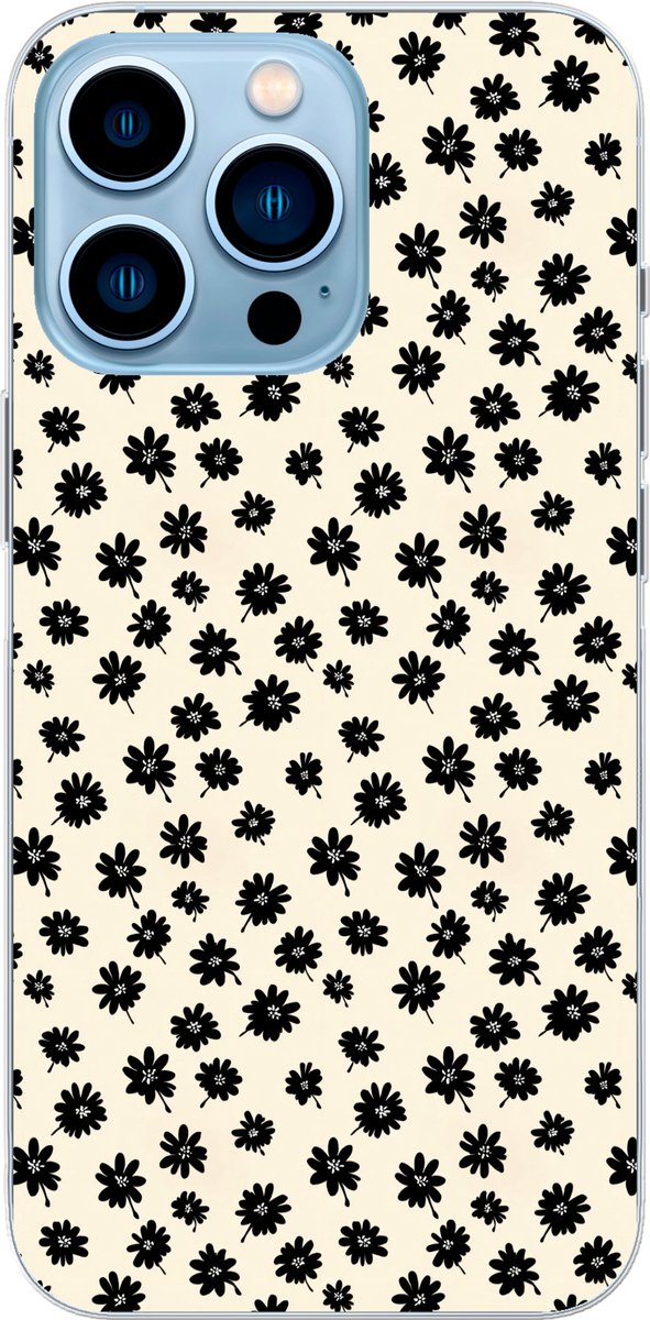 Telefoonhoesje Geschikt voor iPhone 13 Pro hoesje - Madeliefjes - Grafisch - Zwart - Beige - Siliconen Telefoonhoesje Telefoonhoesje