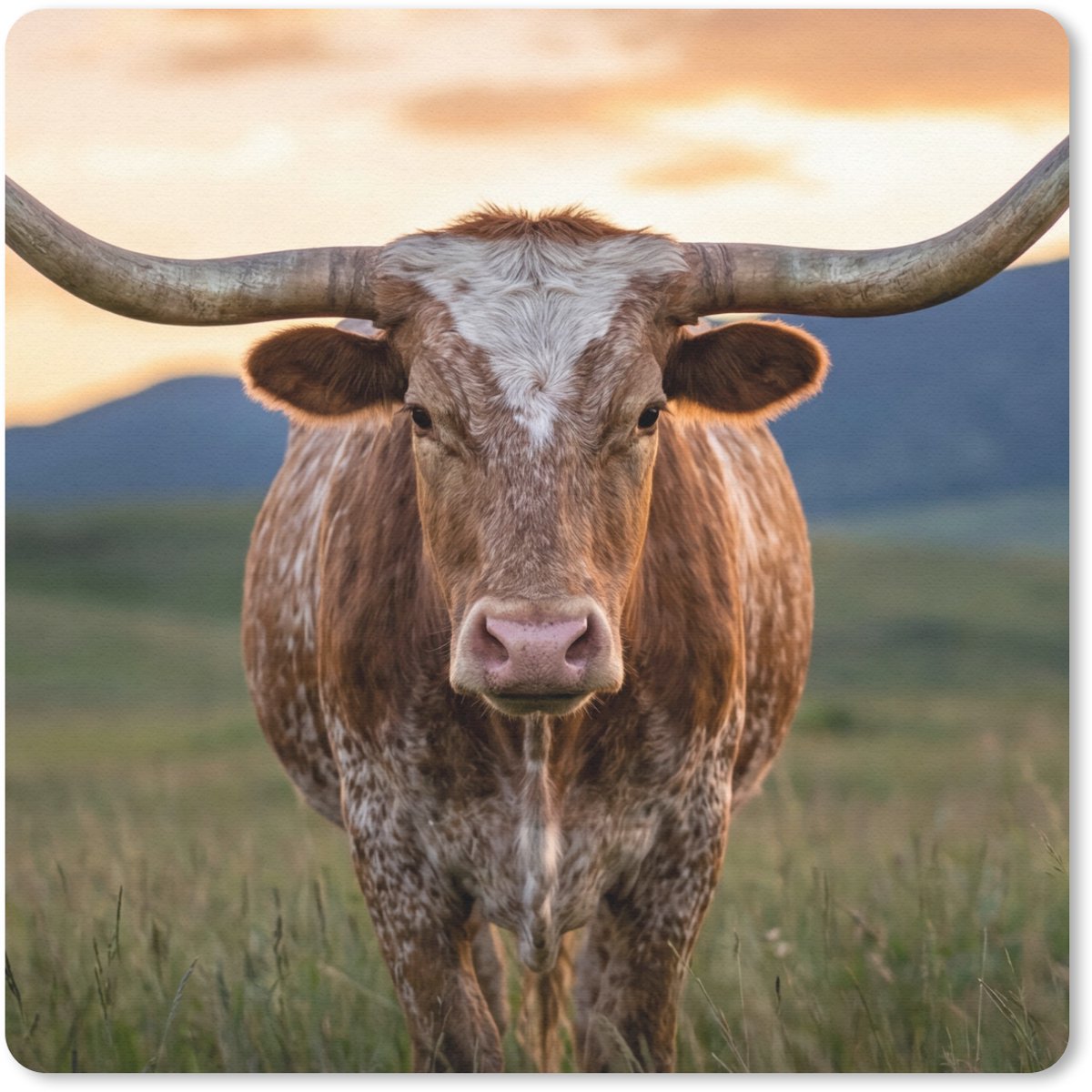 Muismat 20x20 cm - Mousepad Longhorn - Landschap - Zonsondergang - Muismatten