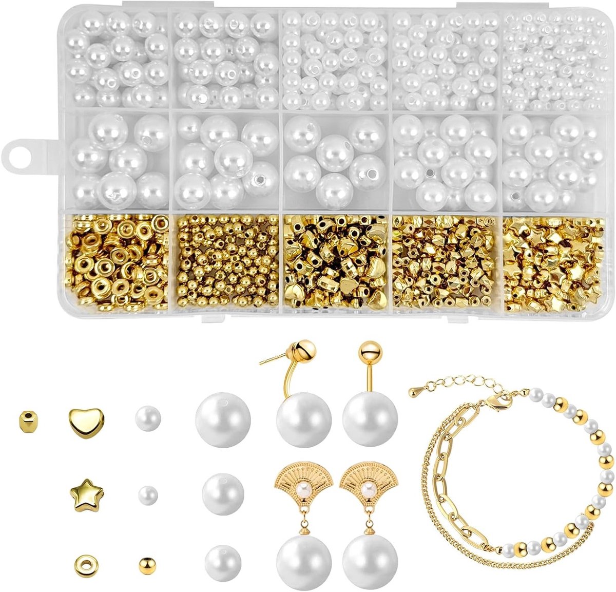 720 Stuks Witte Kralen en 5 Gouden Spacers voor DIY Sieraden, Armbanden, Kettingen en Oorbellen Maken