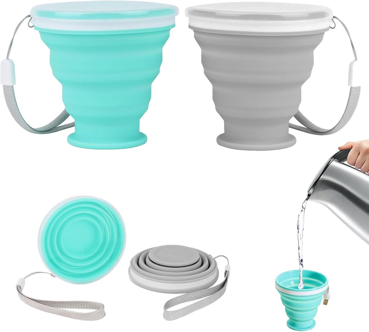 Set van 2 Vouwbare Glazen - Inklapbare Beker - Uittrekbare Beker met Deksel - Ideaal voor Water - Sap - Kamperen - Bergbeklimmen - Picknick en Strand
